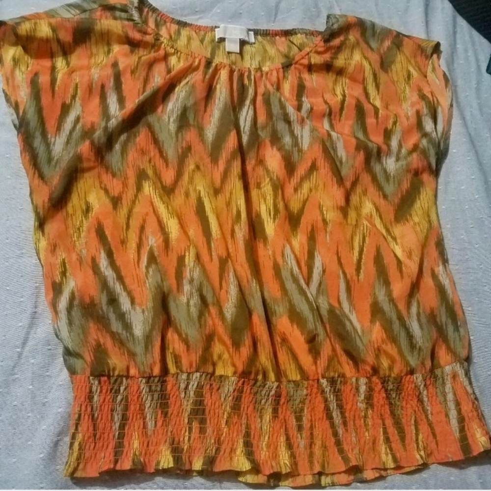 Michael Kors Geometric Print Zig Zag Cap Sleeved Blouse in Orange & Brown Sz XL